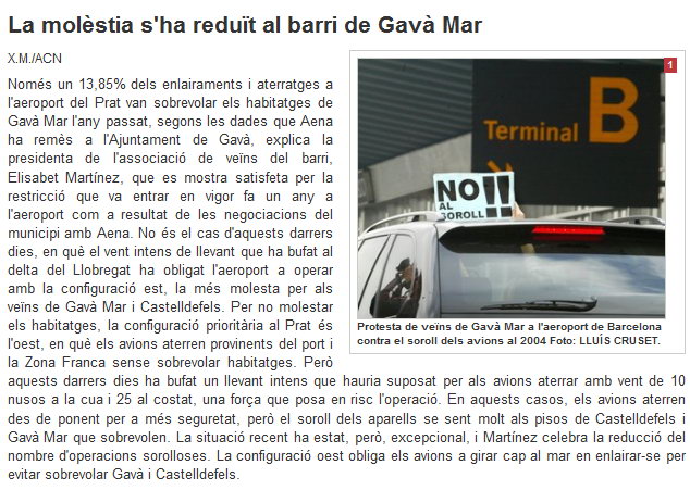 Noticia publicada en el diario EL PUNT sobre la reduccin del uso de la configuracin este en el aeropuerto de Barcelona-El Prat (7 Agosto 2010)
